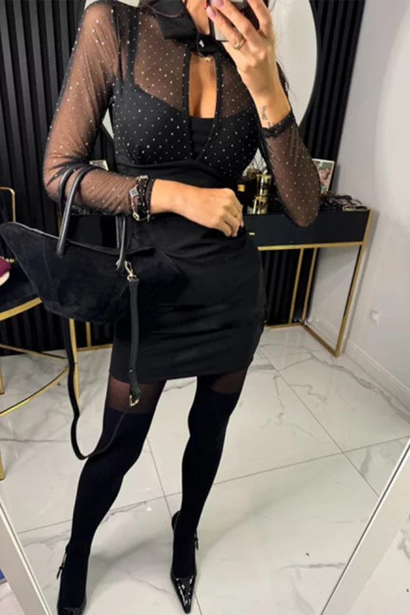 Sexy Buttons Mesh Hot Drill Turndown Collar Wrapped Skirt Dresses(3 Colors) - Fashionpara