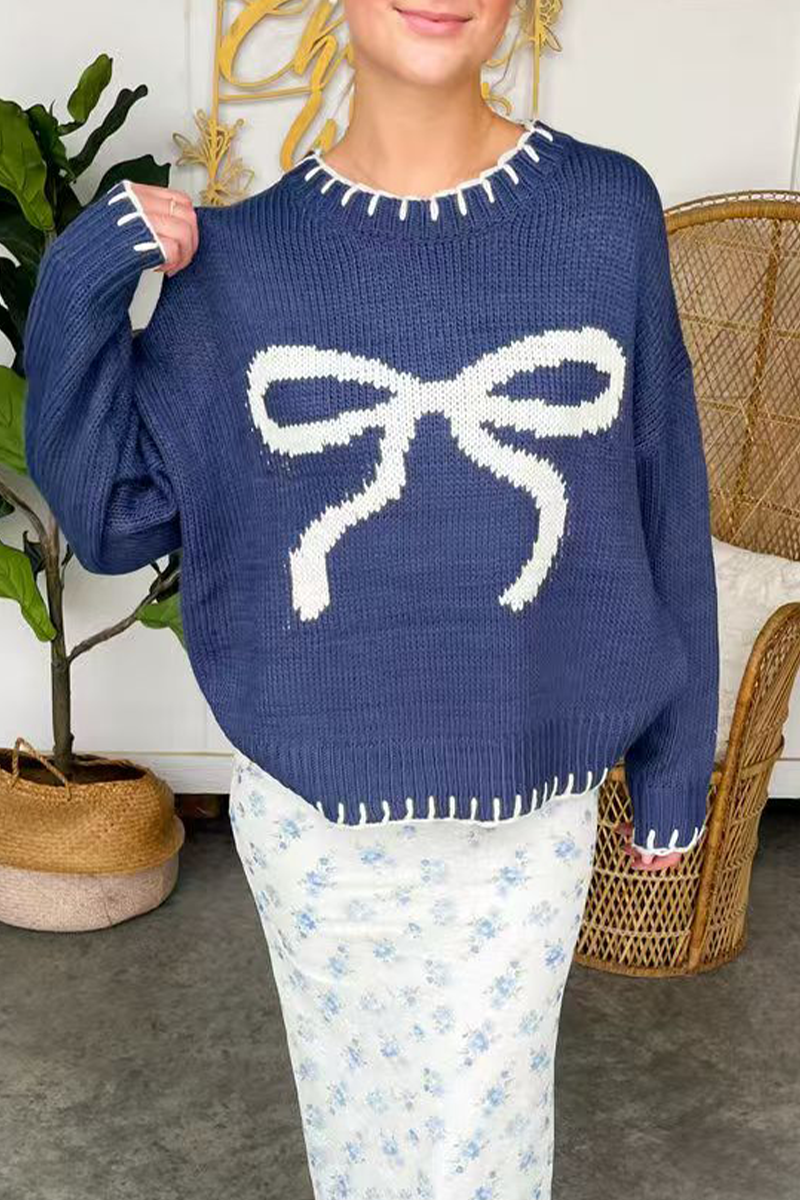 Bohonini Casual Bow Weave O Neck Sweater for Effortless Style