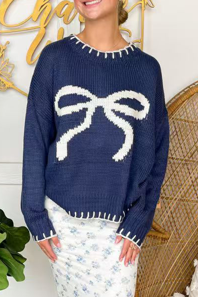 Bohonini Casual Bow Weave O Neck Sweater for Effortless Style