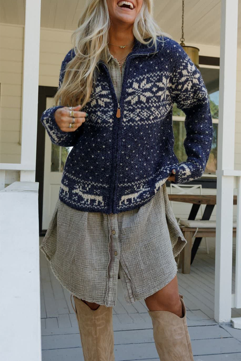 Bohonini Casual Snowflake Knit Jacket with Zipper Closure