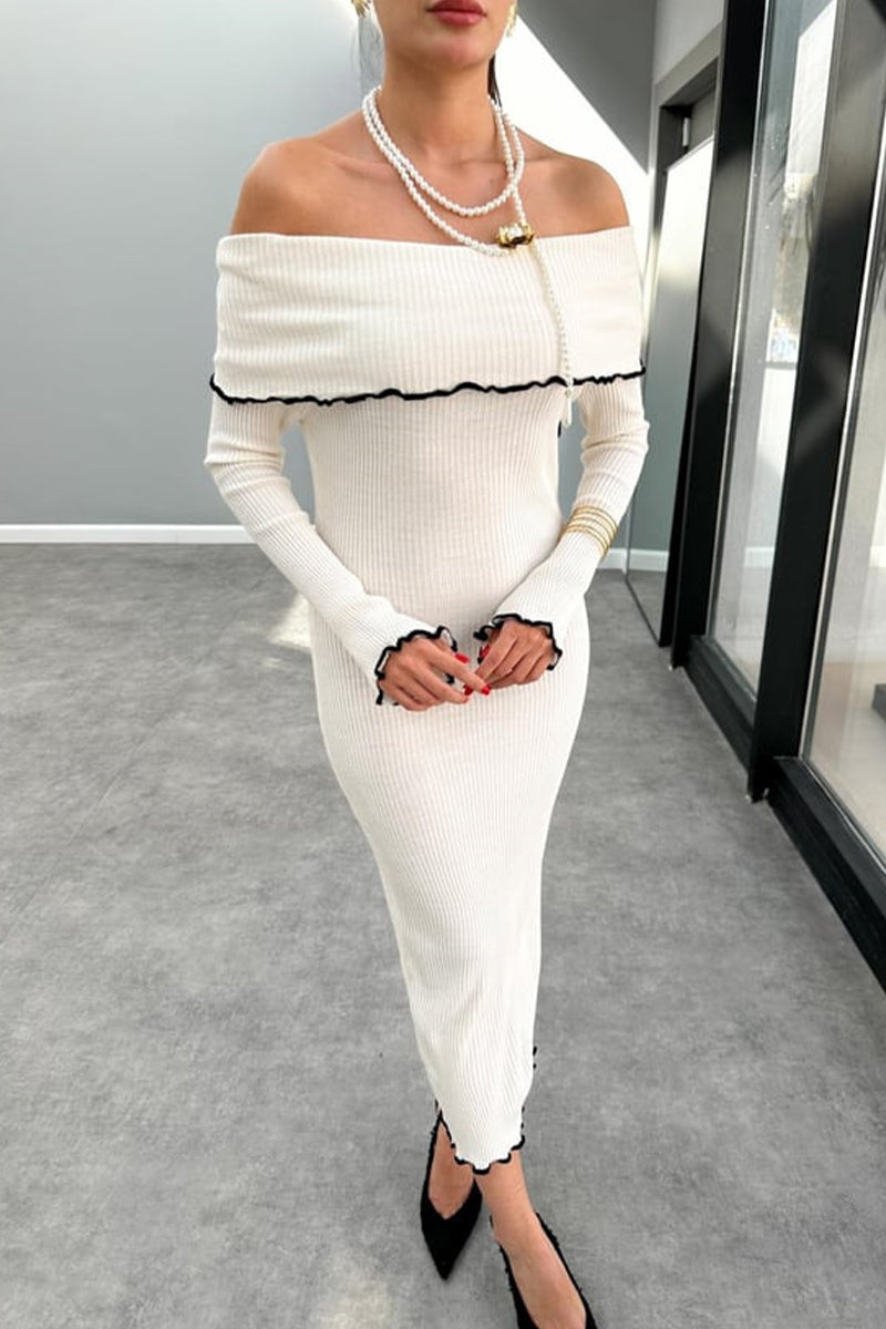 Sexy Stringy Selvedge Contrast Off Shoulder One Step Skirt Dresses - Fashionpara