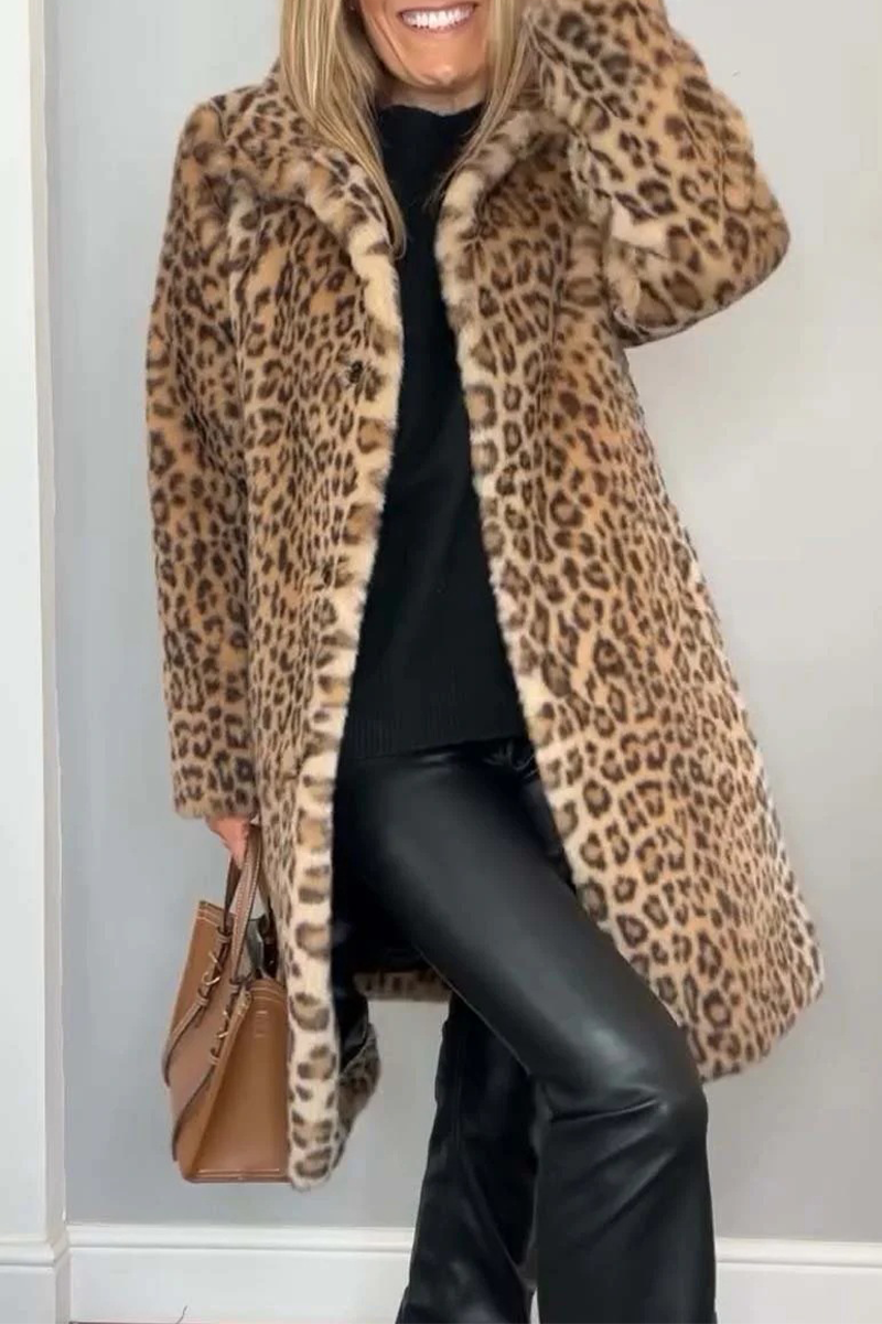 Fluffy Leopard Patchwork Turndown Collar Outerwear Jacket