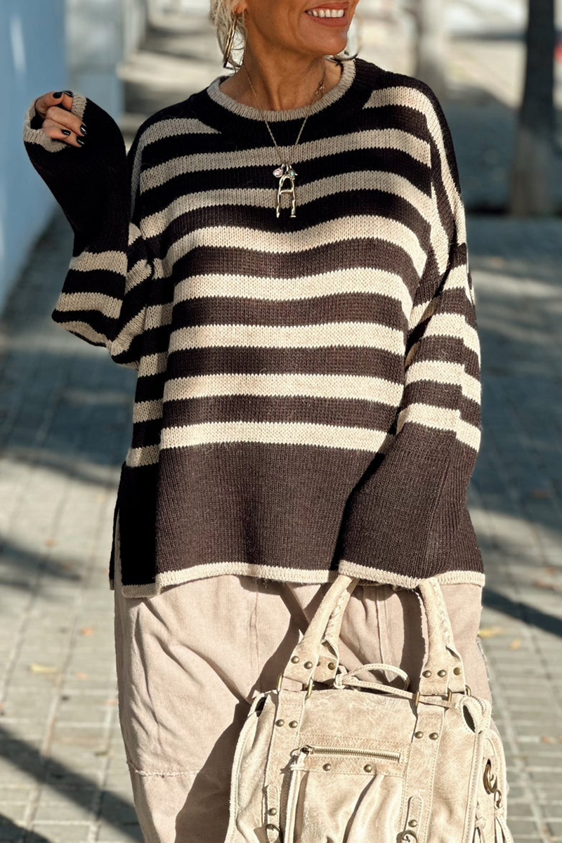 Florcoo Casual Stripe Weave Sweater with Contrast Neckline