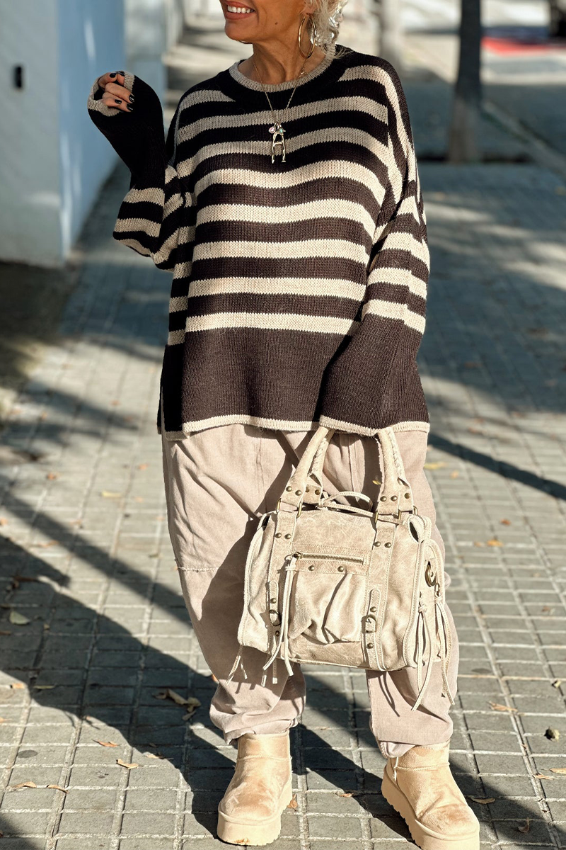 Florcoo Casual Stripe Weave Sweater with Contrast Neckline