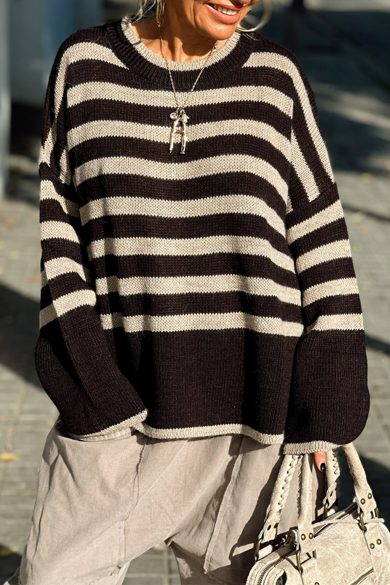 Florcoo Casual Stripe Weave Sweater with Contrast Neckline