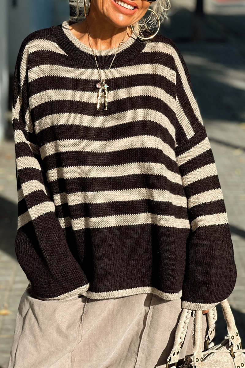 Florcoo Casual Stripe Weave Sweater with Contrast Neckline