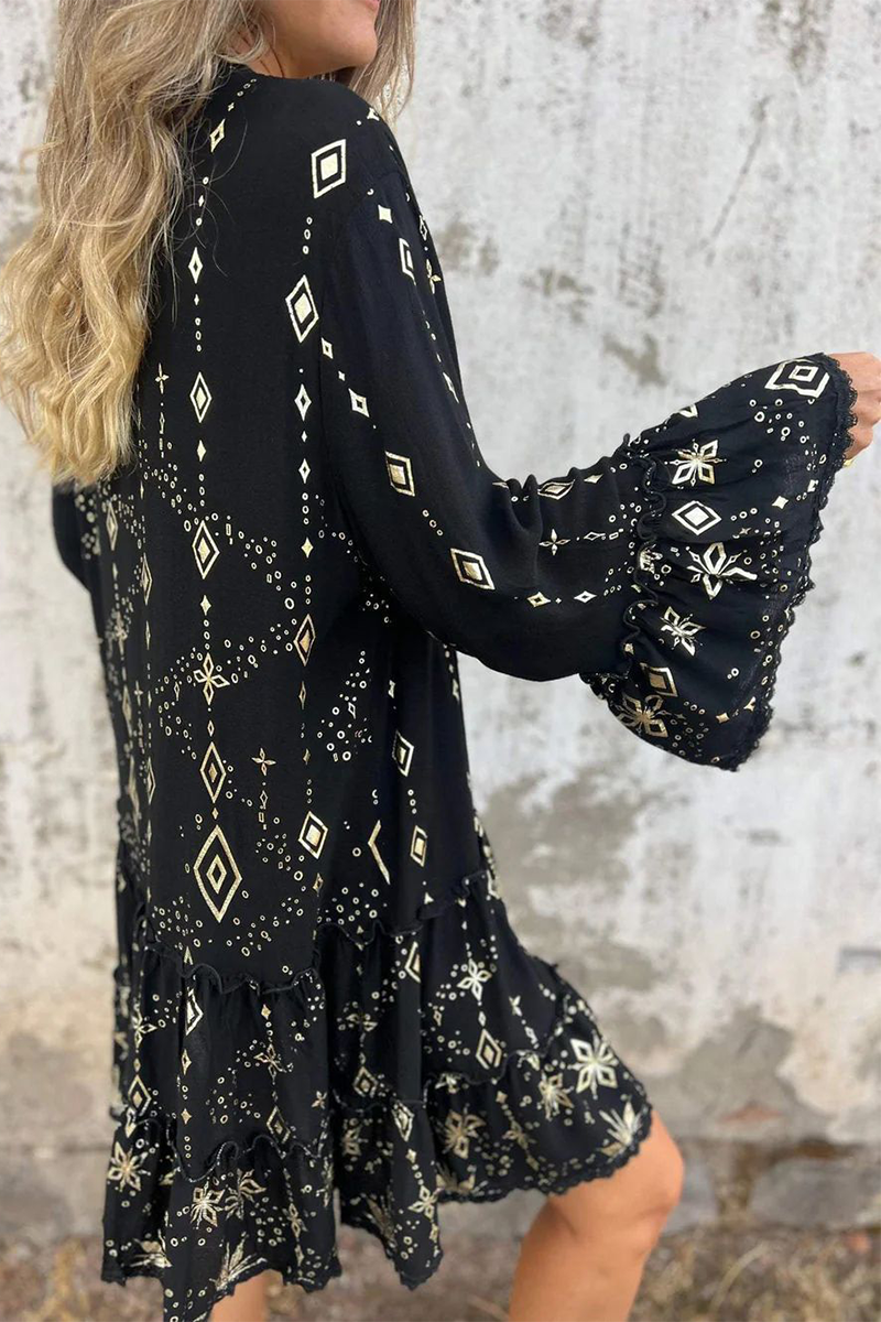 Casual Bronzing Pattern Patchwork Ruffle Contrast Button Collar A Line Dresses - Fashionpara