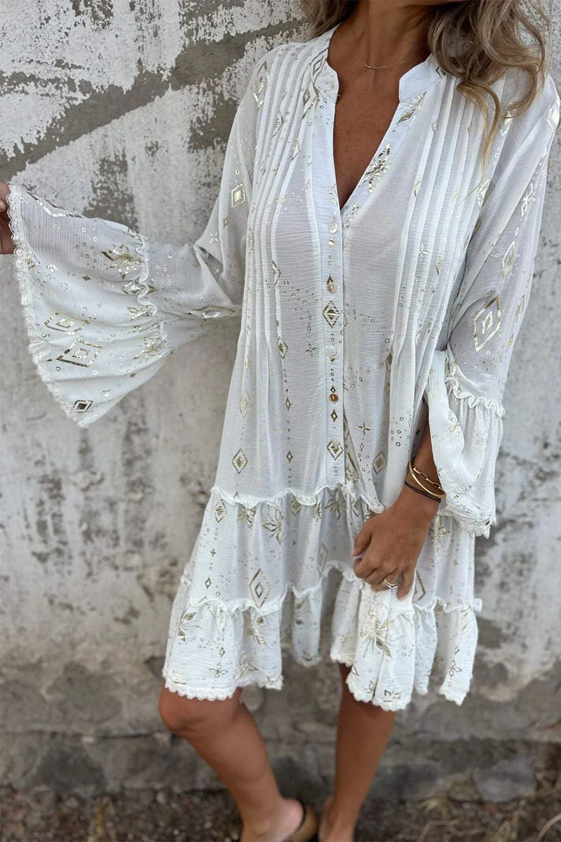 Casual Bronzing Pattern Patchwork Ruffle Contrast Button Collar A Line Dresses - Fashionpara