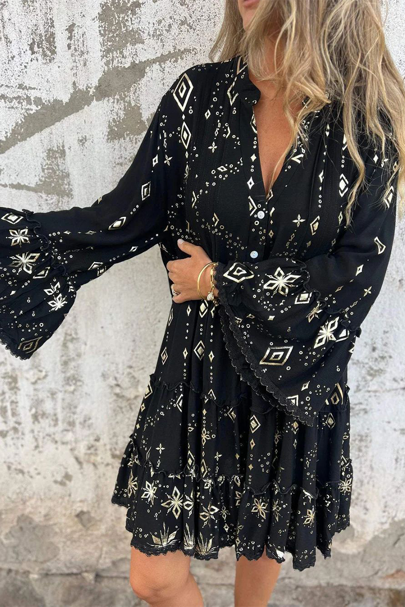 Casual Bronzing Pattern Patchwork Ruffle Contrast Button Collar A Line Dresses - Fashionpara