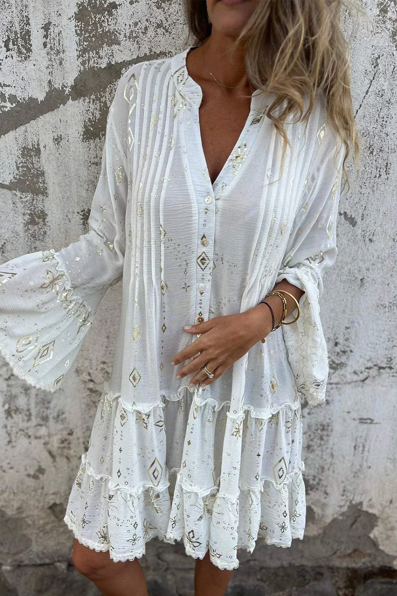 Casual Bronzing Pattern Patchwork Ruffle Contrast Button Collar A Line Dresses - Fashionpara