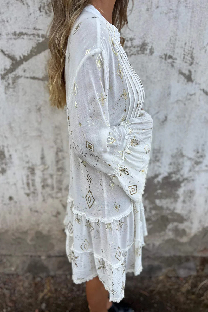 Casual Bronzing Pattern Patchwork Ruffle Contrast Button Collar A Line Dresses - Fashionpara