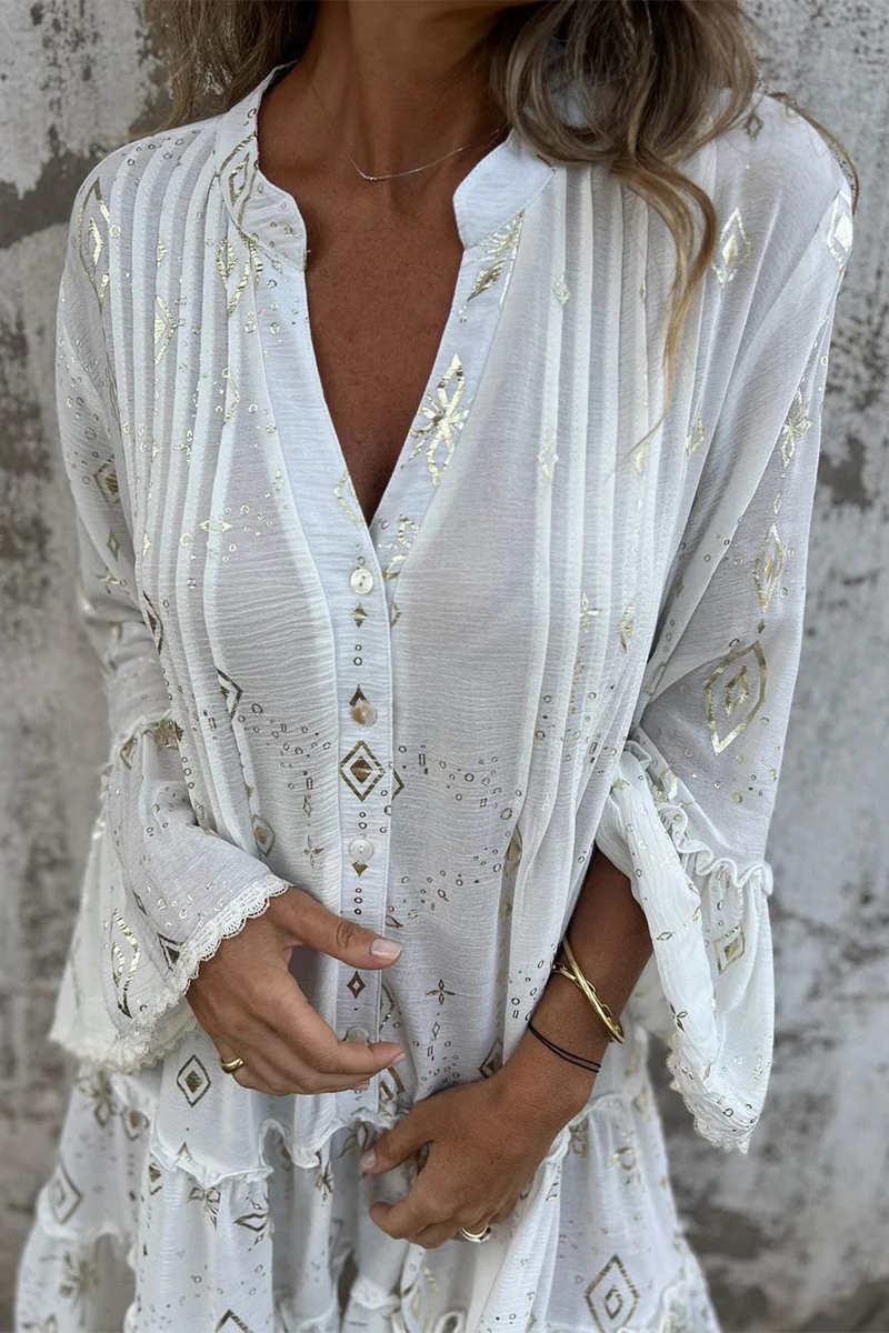 Casual Bronzing Pattern Patchwork Ruffle Contrast Button Collar A Line Dresses - Fashionpara