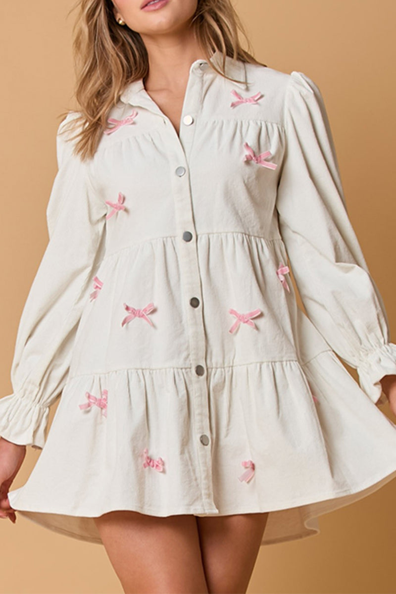 Elegant Buckle Bow Decor Contrast Turndown Collar A Line Dresses - Fashionpara