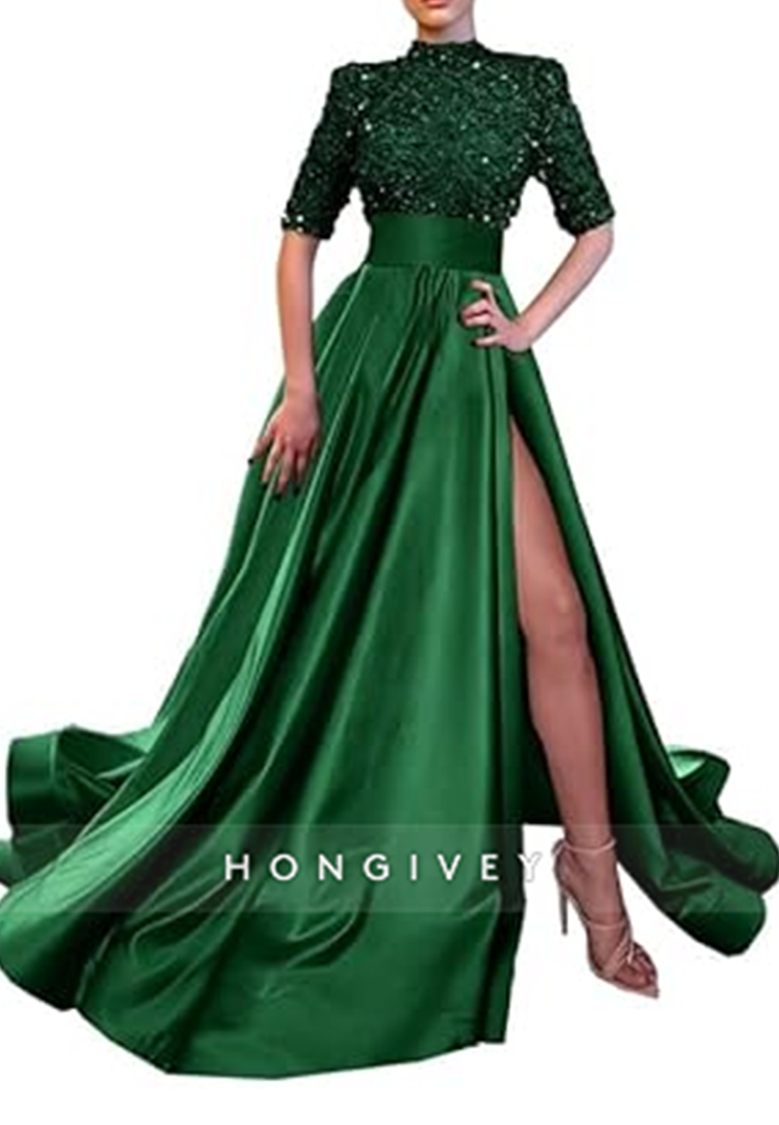 L0983 - Sparkly Sequined Paneled With Train and High Slit Prom Formal Evening Party Dress
