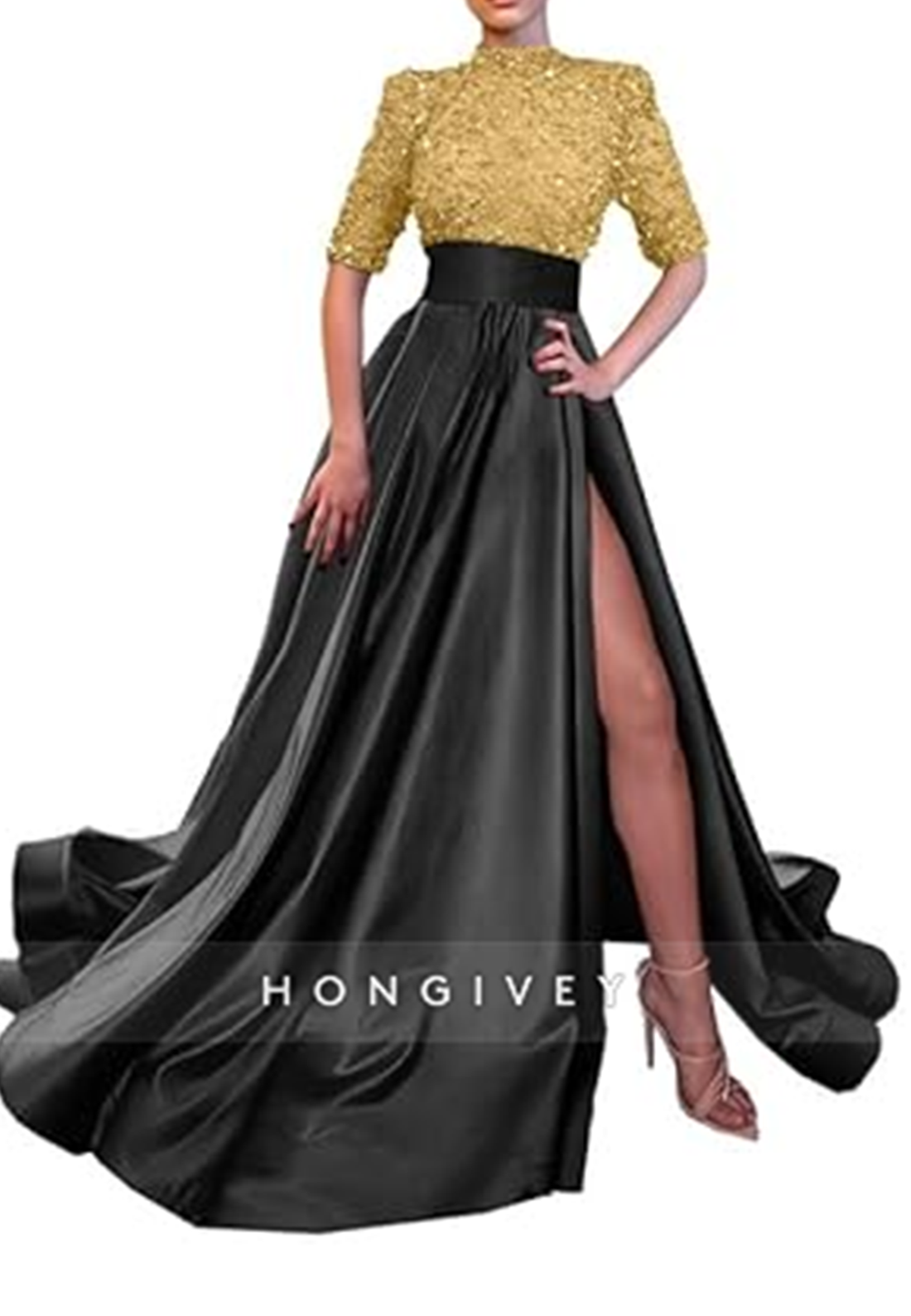 L0983 - Sparkly Sequined Paneled With Train and High Slit Prom Formal Evening Party Dress