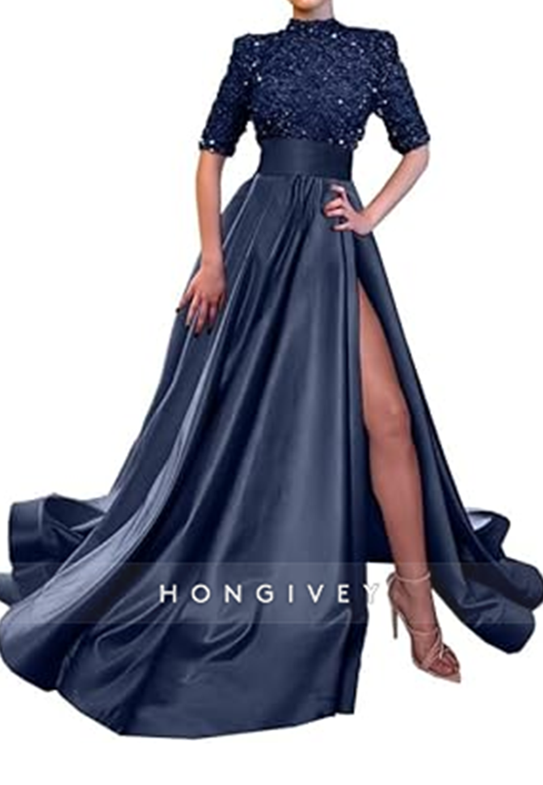 L0983 - Sparkly Sequined Paneled With Train and High Slit Prom Formal Evening Party Dress