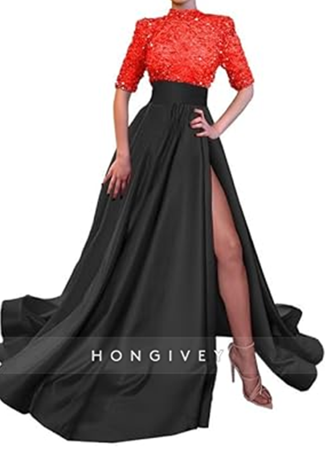 L0983 - Sparkly Sequined Paneled With Train and High Slit Prom Formal Evening Party Dress