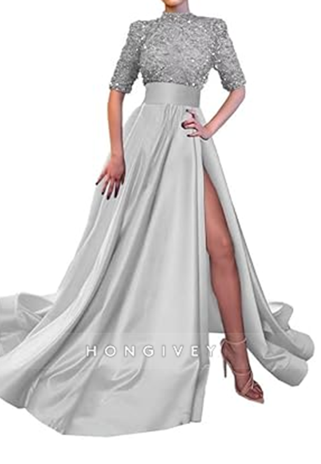 L0983 - Sparkly Sequined Paneled With Train and High Slit Prom Formal Evening Party Dress