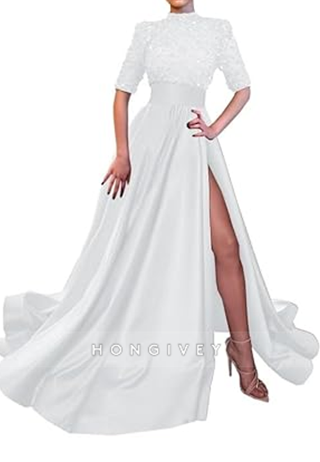 L0983 - Sparkly Sequined Paneled With Train and High Slit Prom Formal Evening Party Dress