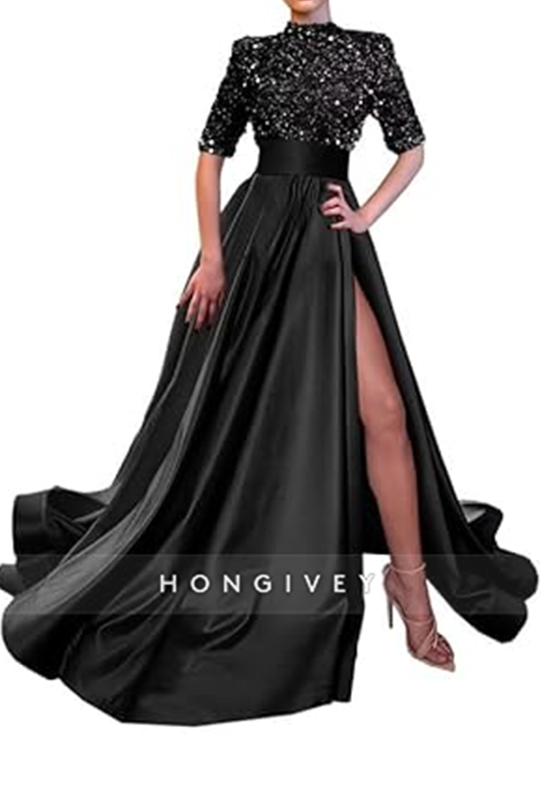 L0983 - Sparkly Sequined Paneled With Train and High Slit Prom Formal Evening Party Dress