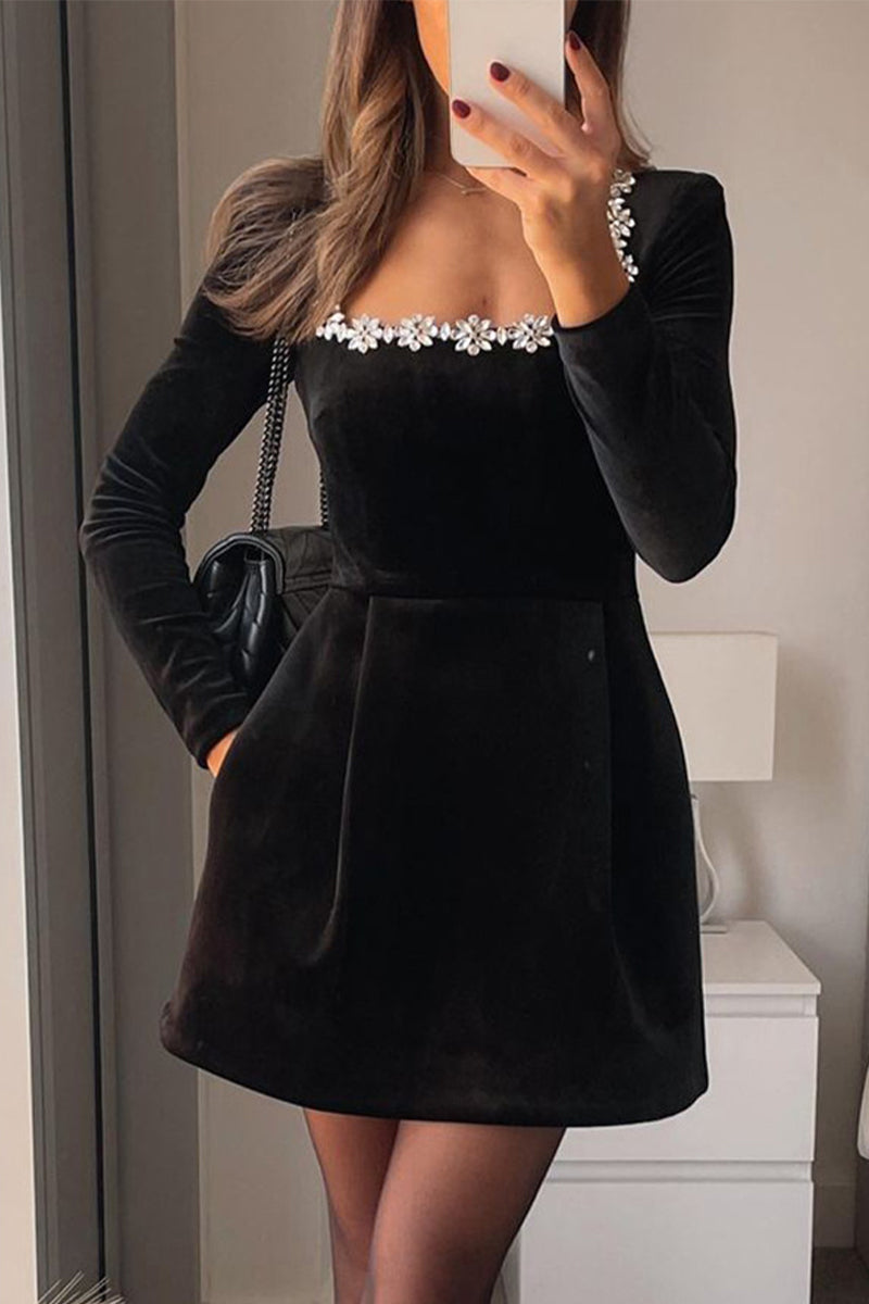 Elegant Pocket Rhinestone Decor Square Neck A Line Dresses - Fashionpara