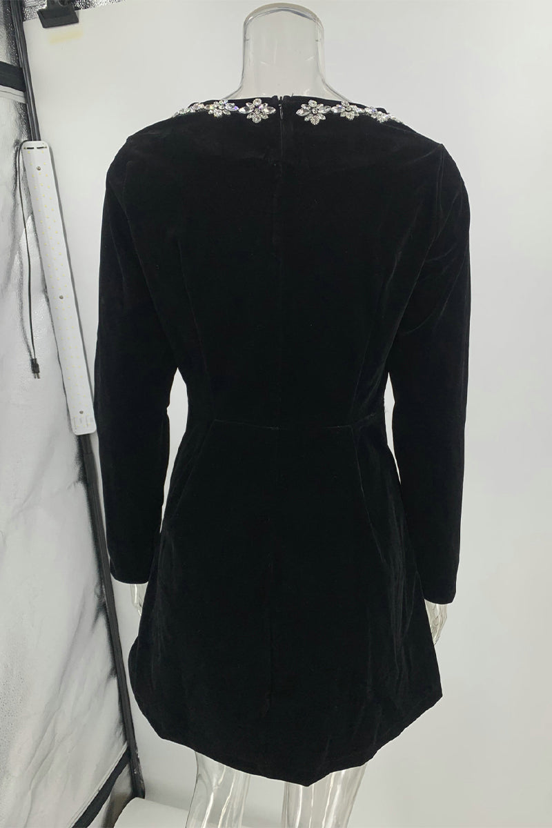 Elegant Pocket Rhinestone Decor Square Neck A Line Dresses - Fashionpara