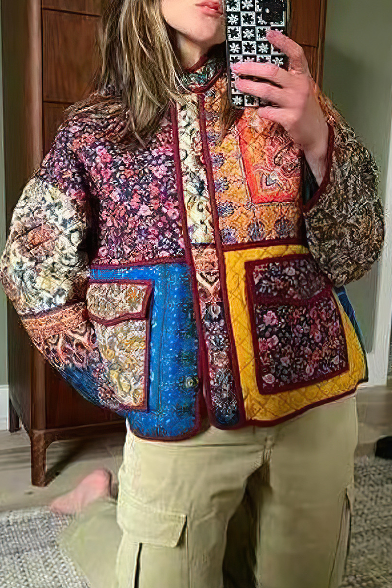 Contrast Pocket Patchwork Blazer with Mandarin Collar