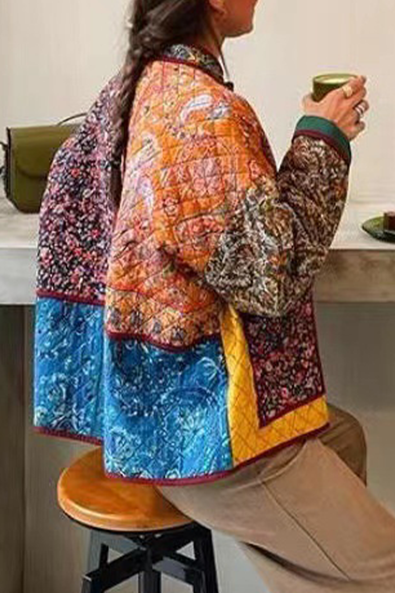 Contrast Pocket Patchwork Blazer with Mandarin Collar