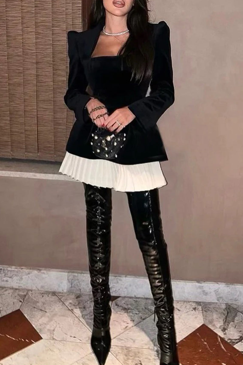 Elegant Pleated Velvet Square Neck Pleated Dresses - Fashionpara