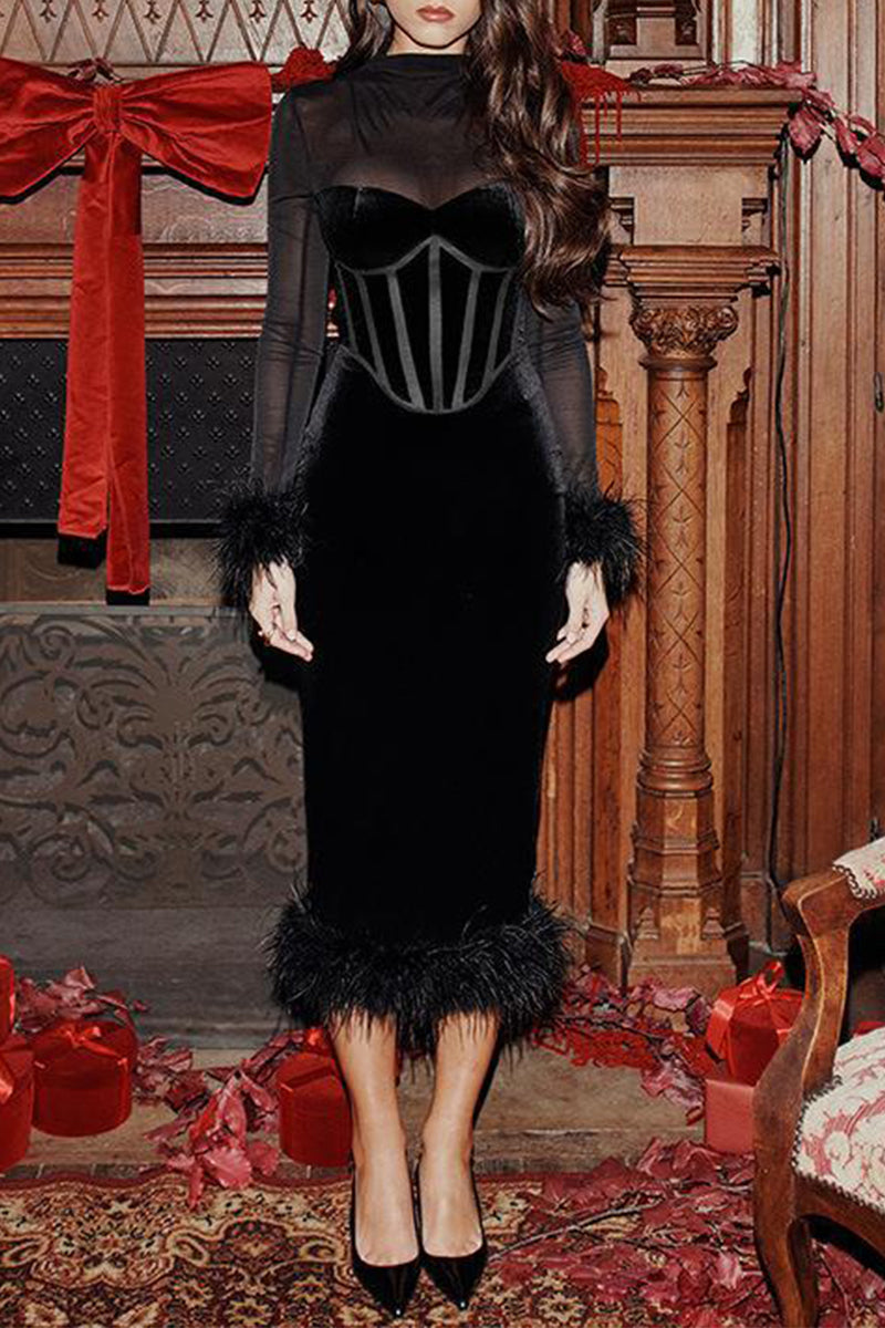 Sexy Mesh Feather Hemline Velvet O Neck Wrapped Skirt Dresses - Fashionpara