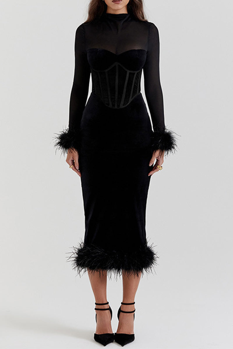 Sexy Mesh Feather Hemline Velvet O Neck Wrapped Skirt Dresses - Fashionpara