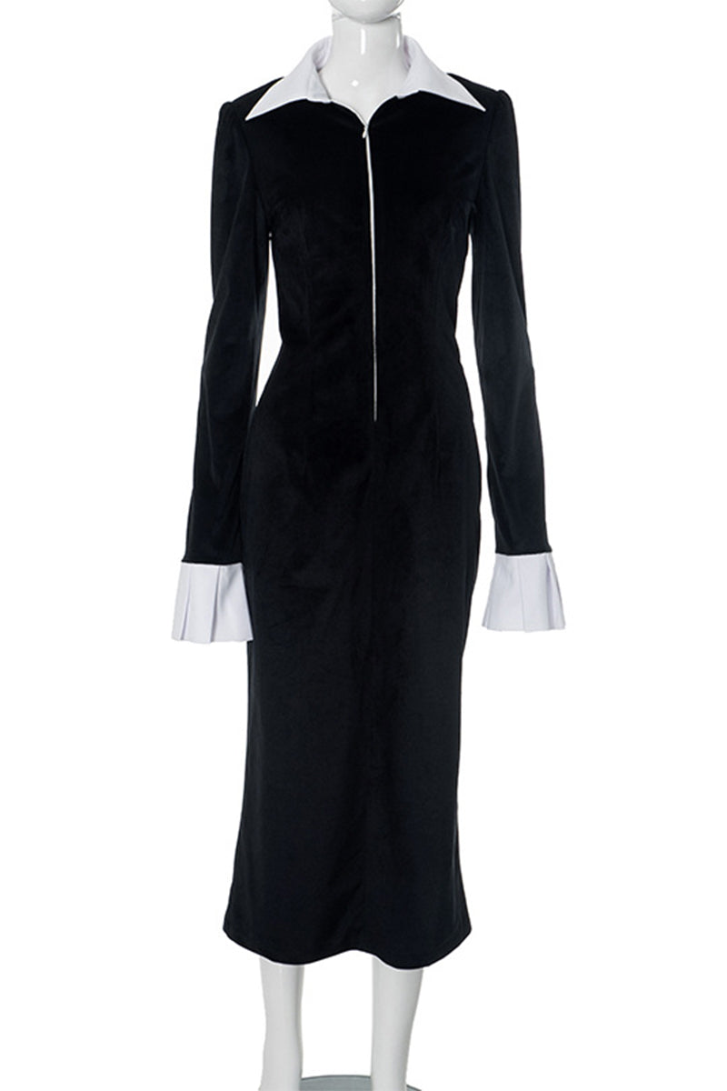 Elegant Zipper Contrast Turndown Collar One Step Skirt Dresses - Fashionpara
