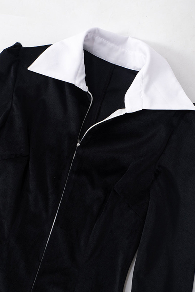 Elegant Zipper Contrast Turndown Collar One Step Skirt Dresses - Fashionpara