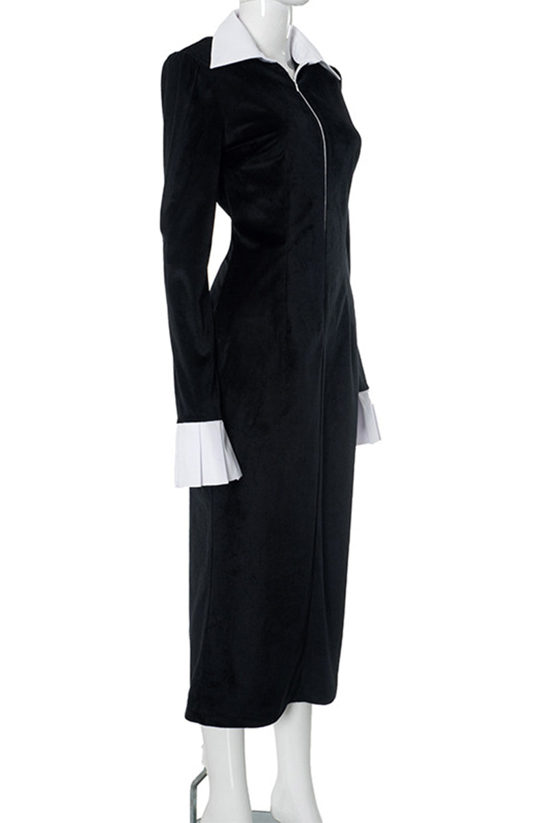 Elegant Zipper Contrast Turndown Collar One Step Skirt Dresses - Fashionpara