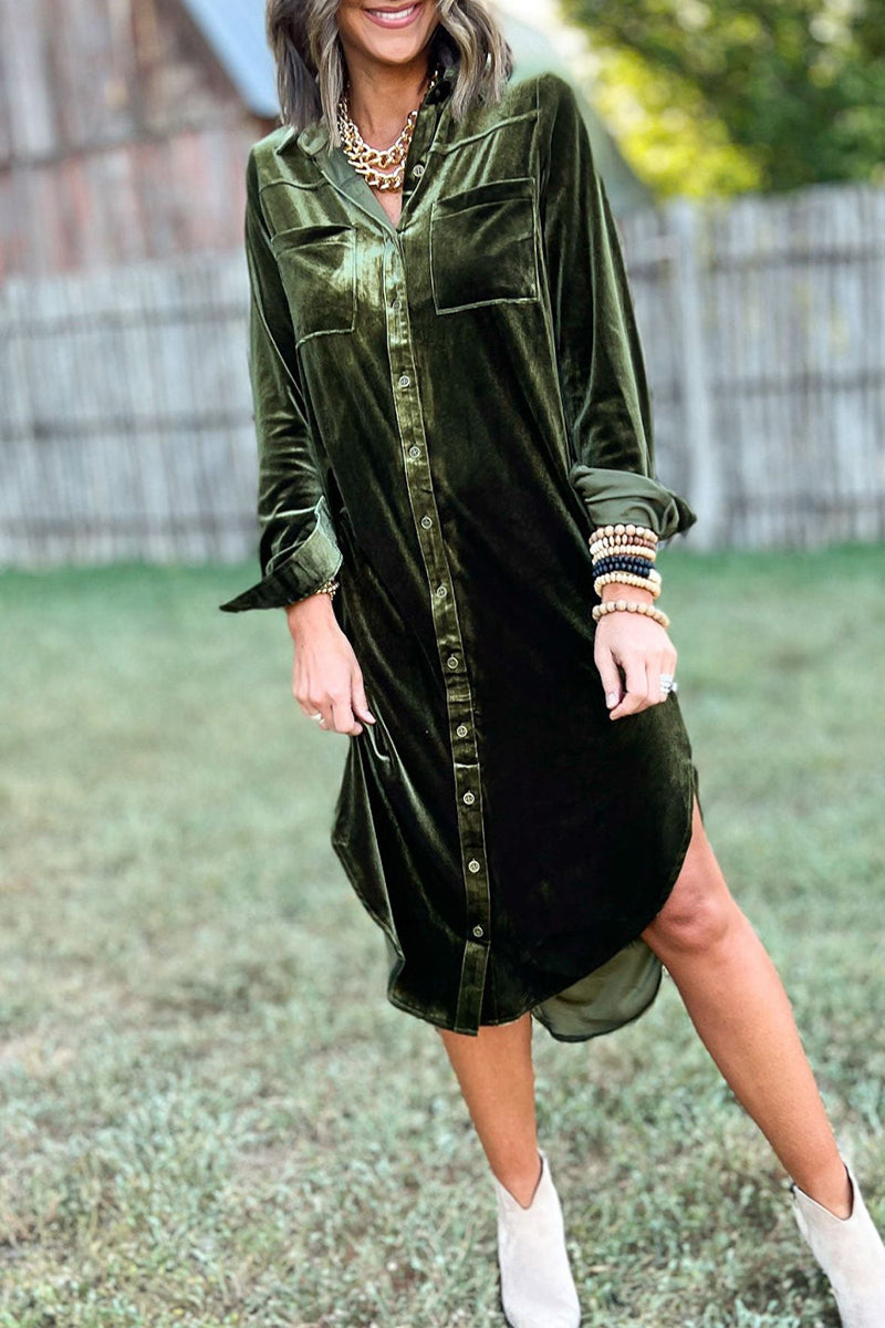 Casual Pocket Buckle Turndown Collar Shirt Dresses(3 Colors) - Fashionpara