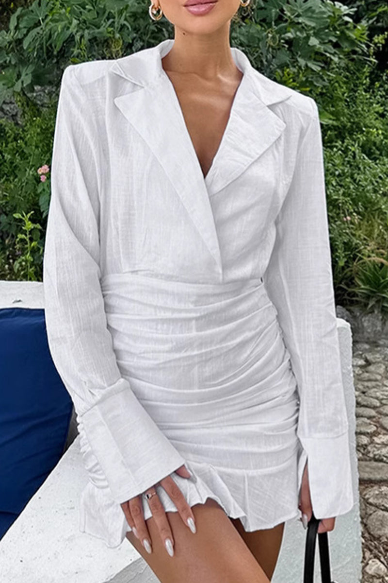 Elegant Ruffle Ruched Turn-back Collar Wrapped Skirt Dresses - Fashionpara