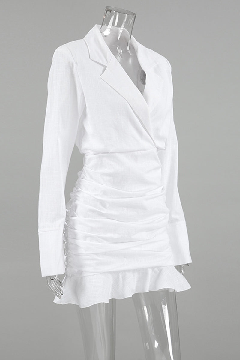 Elegant Ruffle Ruched Turn-back Collar Wrapped Skirt Dresses - Fashionpara