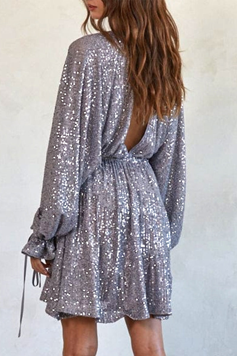 Sexy Sequins Lace Up V Neck Irregular Dresses(4 Colors) - Fashionpara