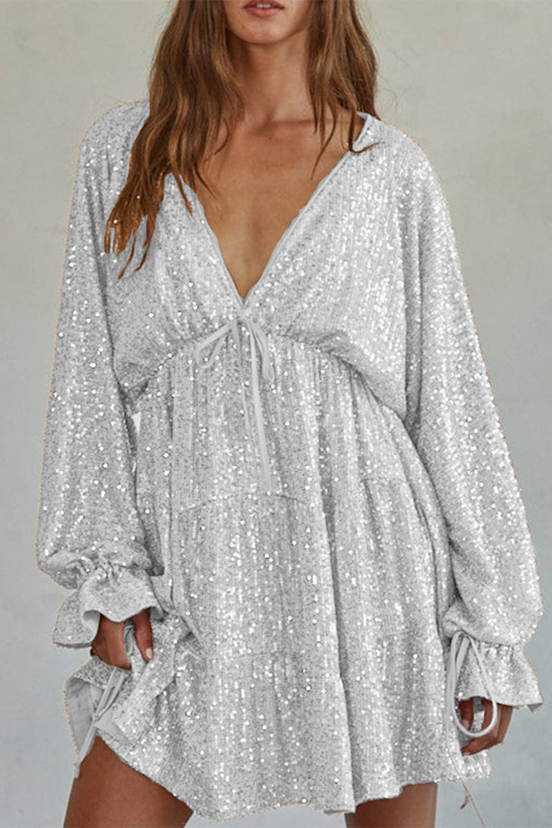 Sexy Sequins Lace Up V Neck Irregular Dresses(4 Colors) - Fashionpara