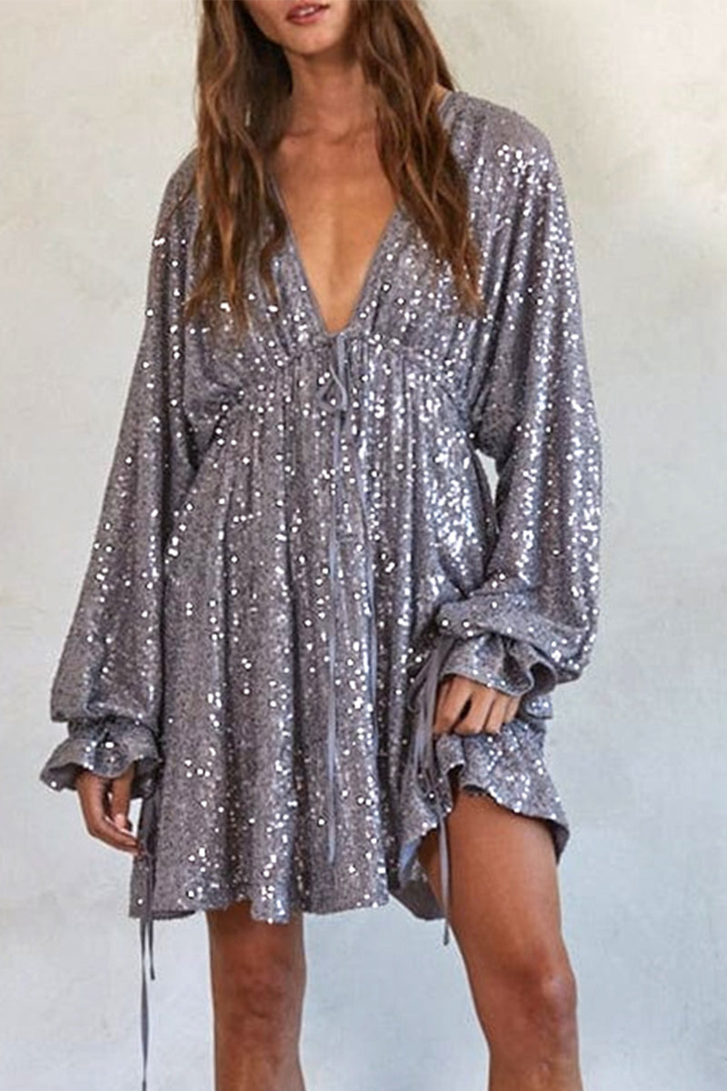 Sexy Sequins Lace Up V Neck Irregular Dresses(4 Colors) - Fashionpara