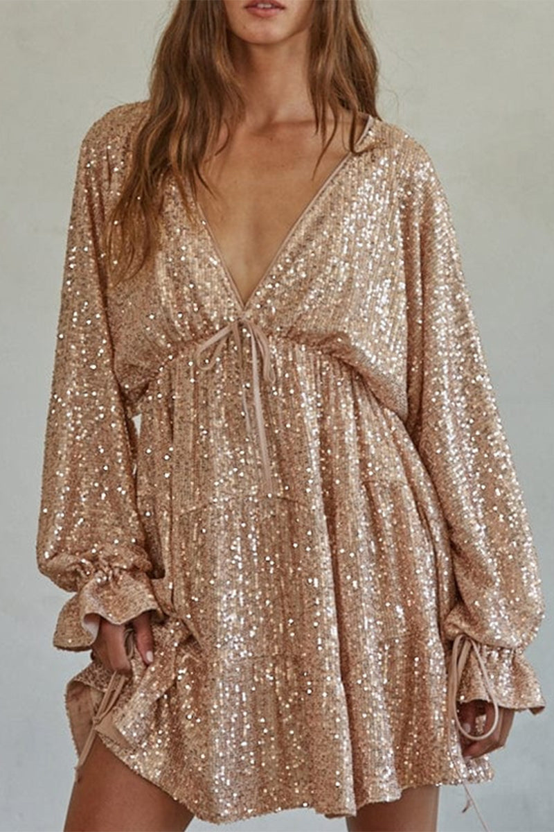 Sexy Sequins Lace Up V Neck Irregular Dresses(4 Colors) - Fashionpara