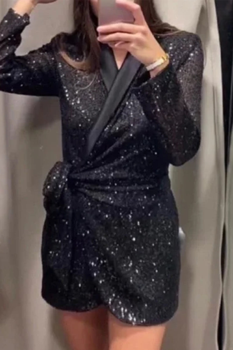 Sexy Sequins Lace Up Turn-back Collar Suit Dresses(4 Colors) - Fashionpara