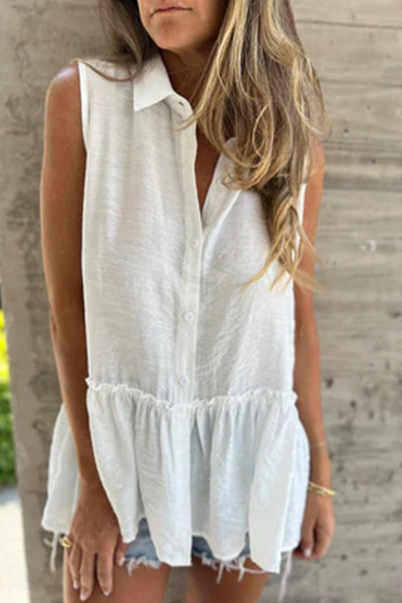 Casual Buttons Pleated Flounce Turndown Collar Blouses(3 Colors)