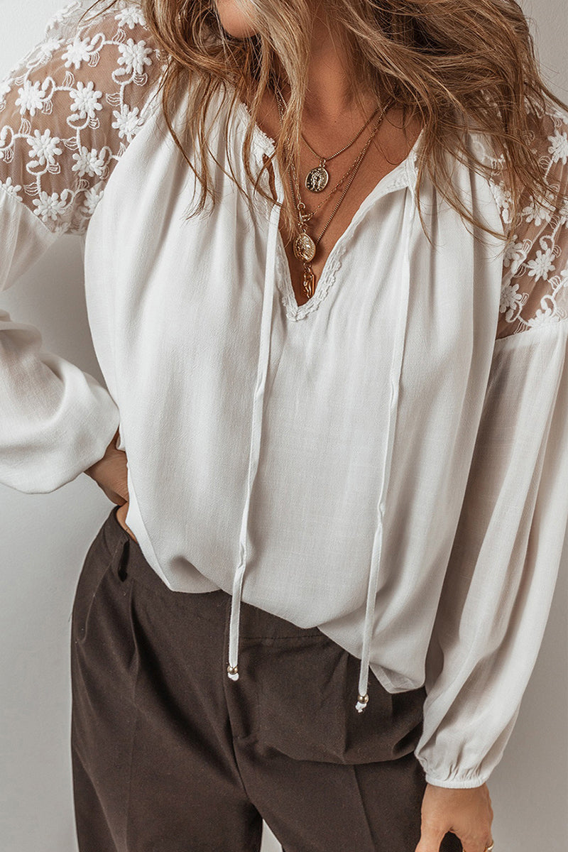 Casual Lace Lace Up Patchwork V Neck Blouses - Fashionpara