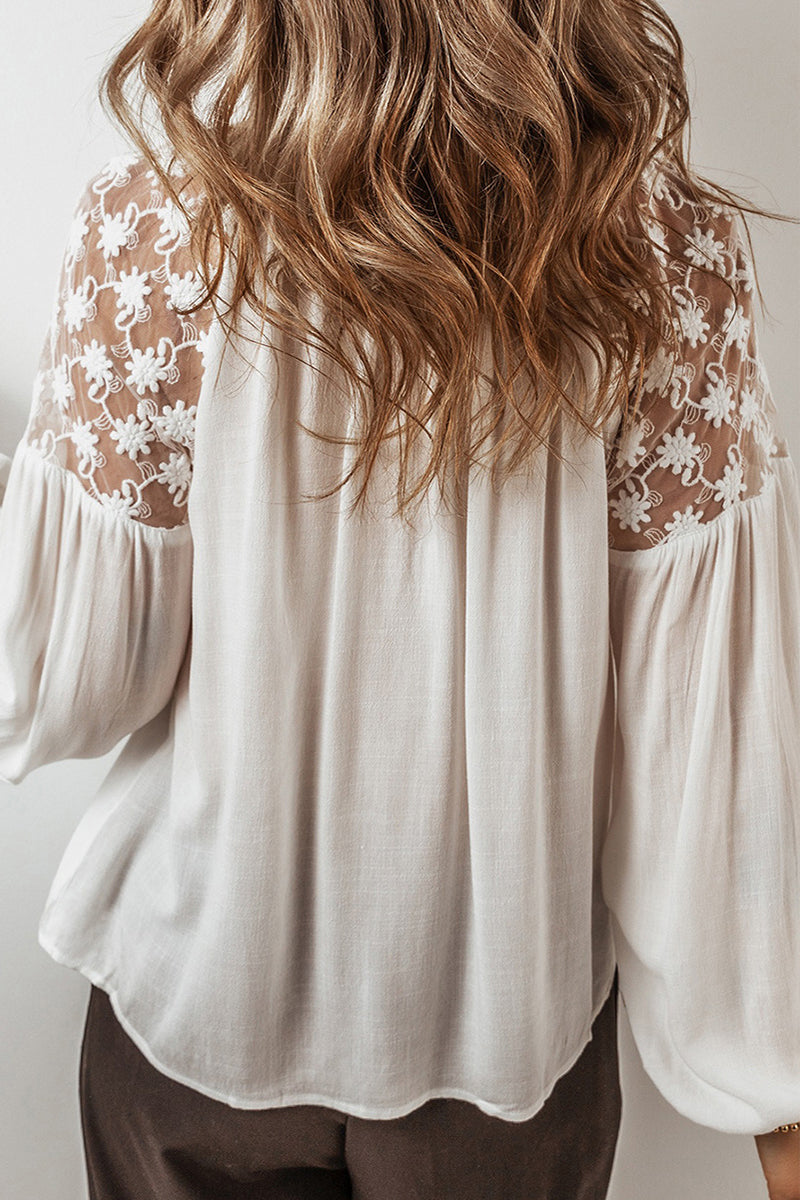 Casual Lace Lace Up Patchwork V Neck Blouses - Fashionpara