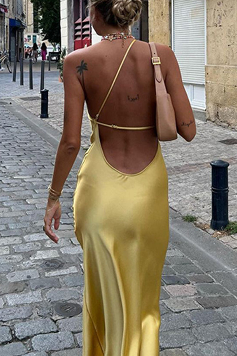 Sexy Backless Slit Sloping Shoulder Long Dresses - Fashionpara