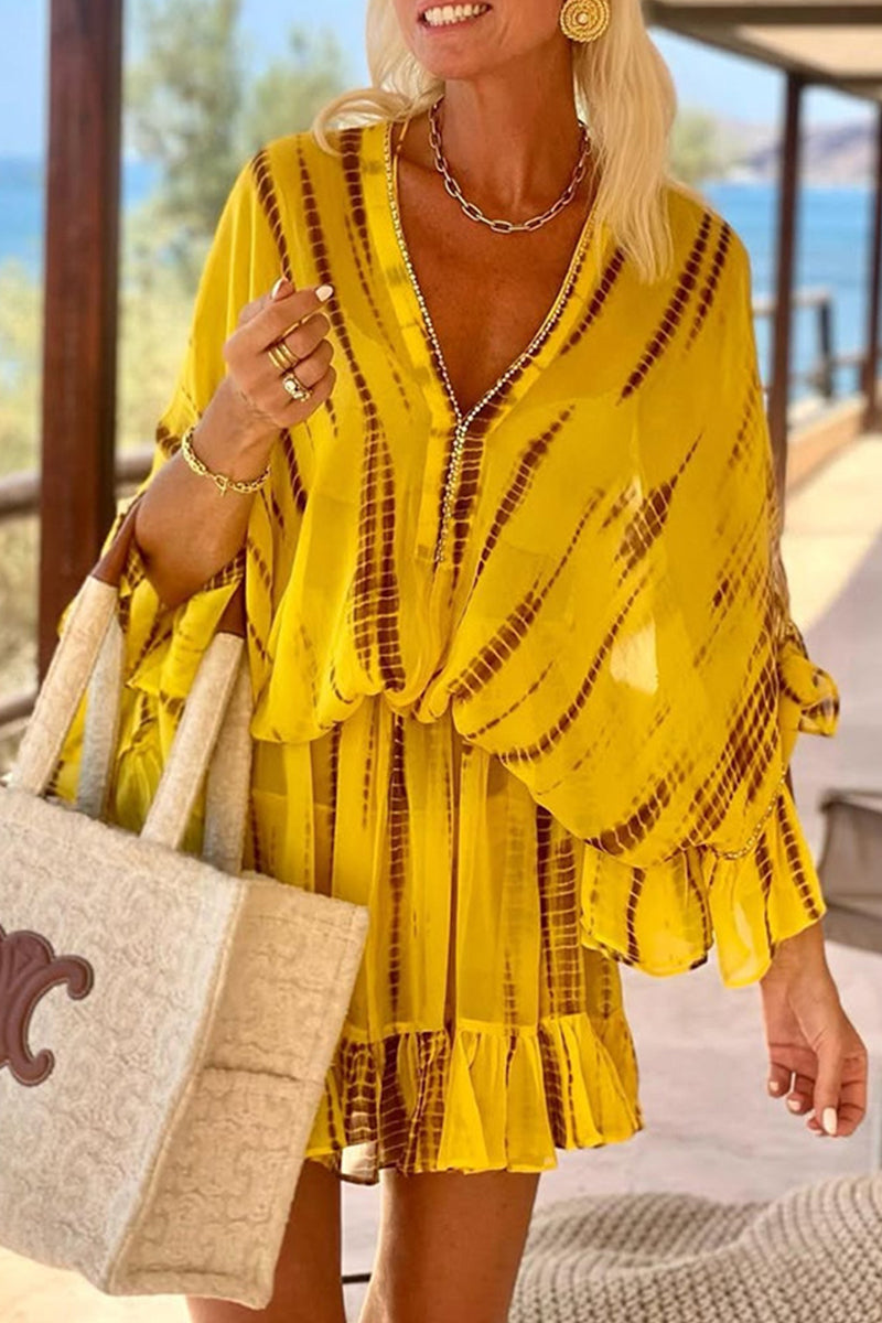 Casual Vacation Geometric Print Ruffle V Neck A Line Dresses