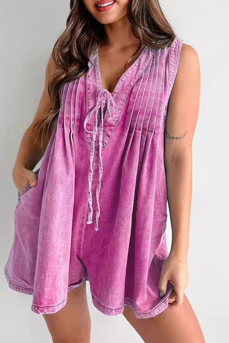 Casual Street Pocket Lace Up V Neck Sleeveless Loose Denim Jumpsuits(9 Colors) - Fashionpara