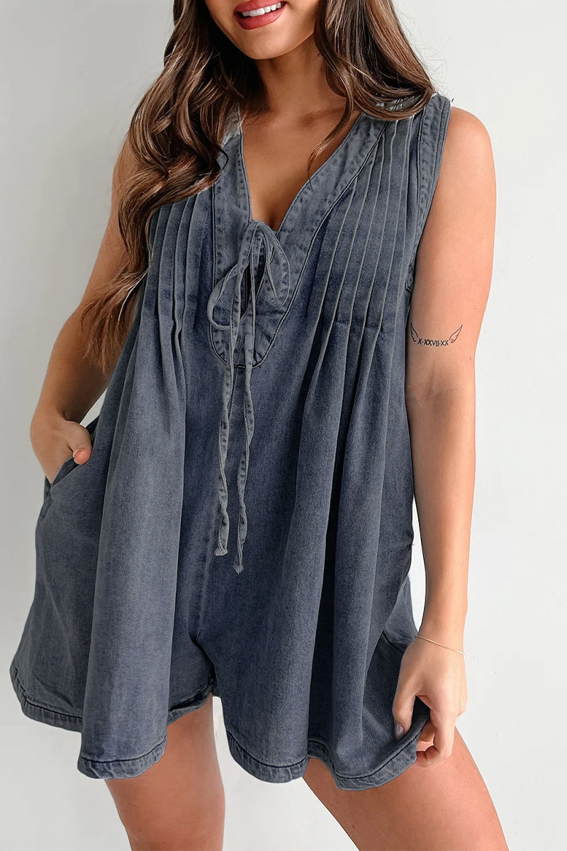 Casual Street Pocket Lace Up V Neck Sleeveless Loose Denim Jumpsuits(9 Colors) - Fashionpara