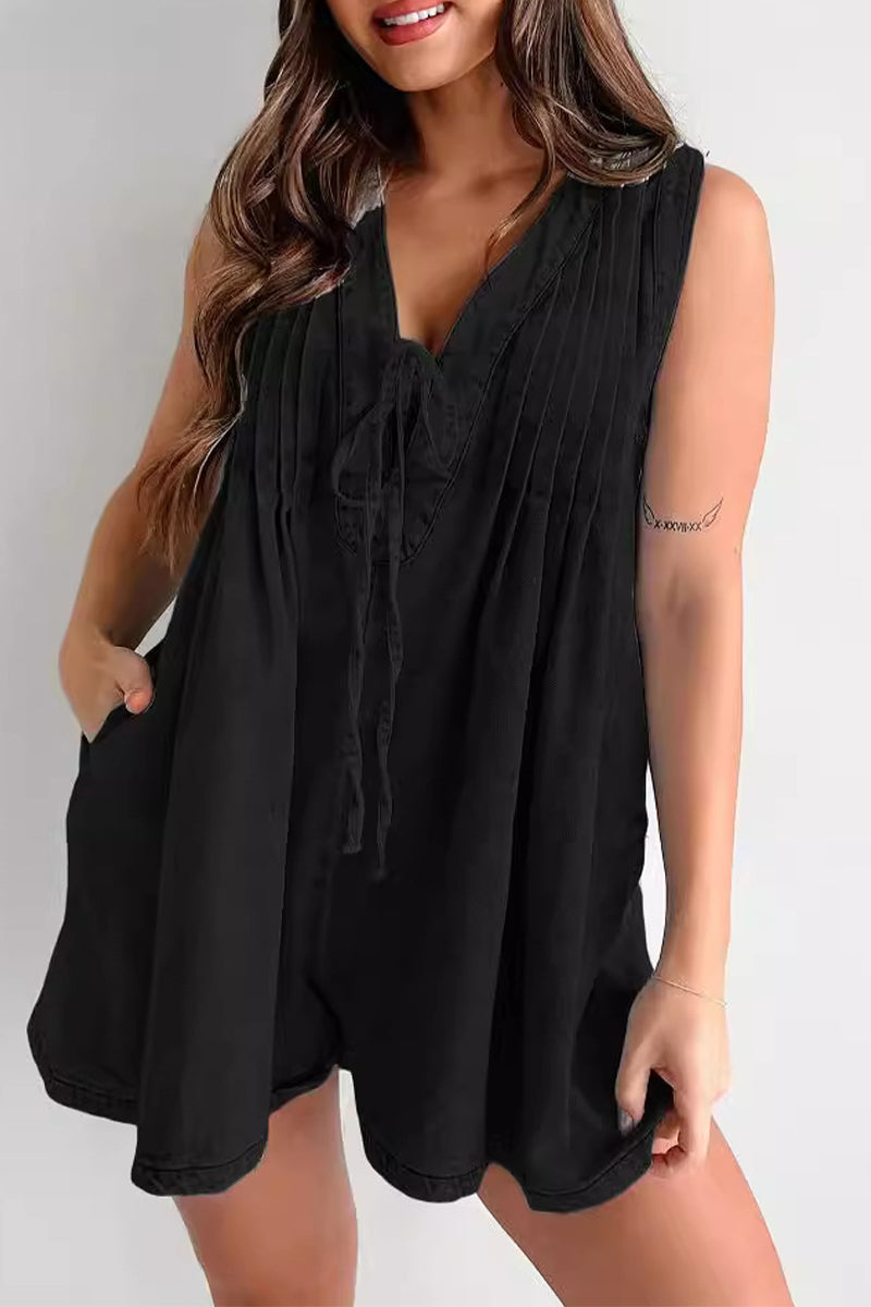Casual Street Pocket Lace Up V Neck Sleeveless Loose Denim Jumpsuits(9 Colors) - Fashionpara
